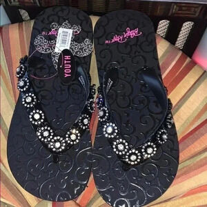Girls black Flip-flops size 1/2 with clear bling